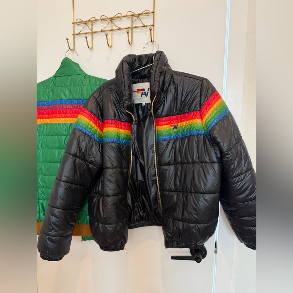 Aviator Nation 6 Stripe Luxe Apres Puffer Glossy Black